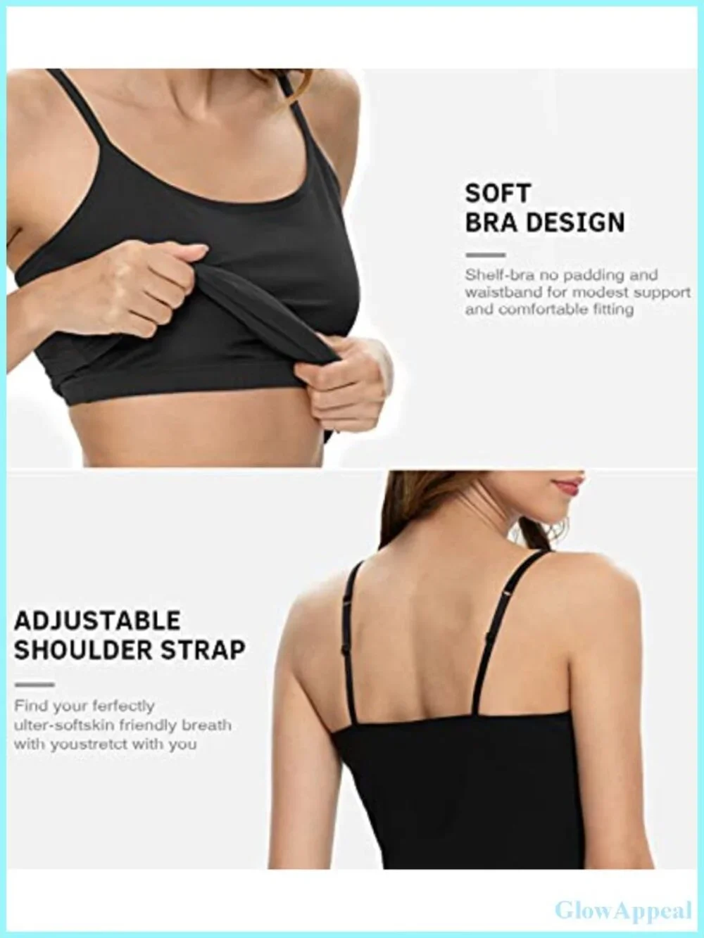 3 Pack Camisole Tops with Built-in Bra Adjustable Spaghetti Strap Cotton